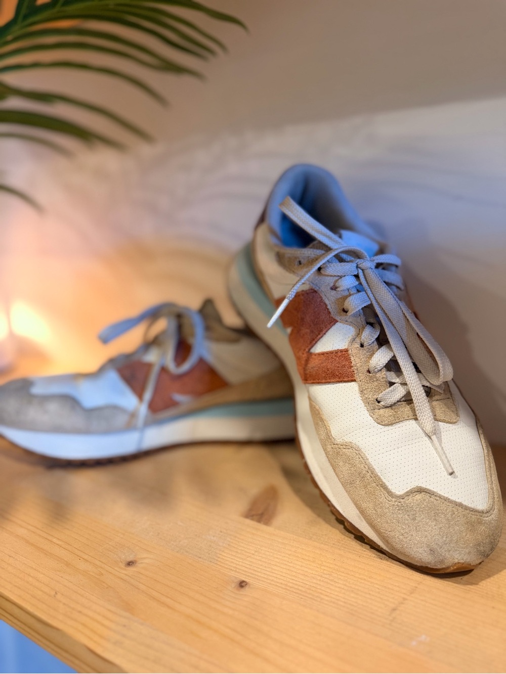 New Balance Men's Sneakers in White, Tan & Rust with Blue Accent
